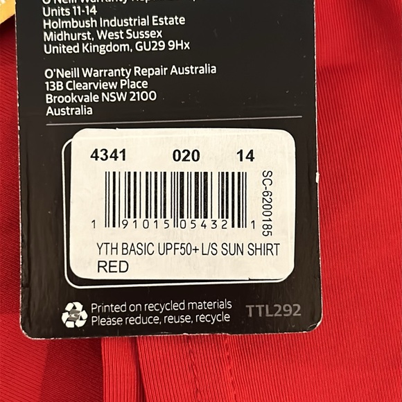 Boy’s O’Neill Rash guard Long Sleeve UPF 50 Red New w Tags - Picture 5 of 10